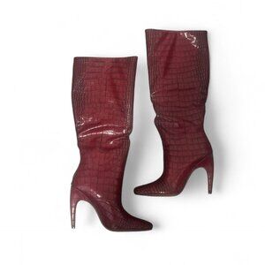 burgundy croc print knee high boots